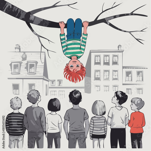 urban childhood interlude with red-haired climber and curious companions under bare-branch sky