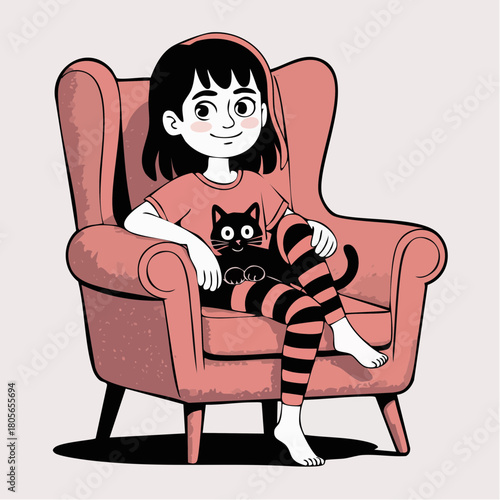 pink armchair daydream with barefoot girl and wide-eyed black cat in lap
