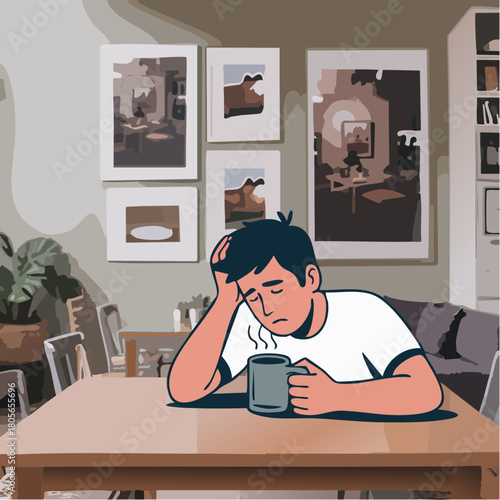 quiet art-filled pause with tired sitter clutching steaming mug in cozy studio room