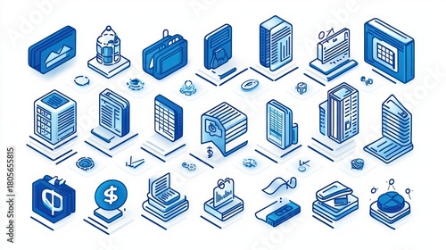 Wallpaper Mural isometric collection of blue technology and finance icons showing servers, databases, documents, charts, devices, wallets and briefcases, conveying a modern, organized, professional efficiency Torontodigital.ca