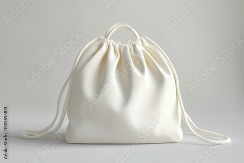 Wallpaper Mural Minimalist soft cream white drawstring pouch with gathered top, long cords and small handle on neutral background conveying calm elegant simplicity Torontodigital.ca