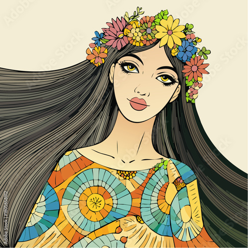 vibrant floral-crowned muse in patterned robe with expressive golden eyes and bold colorway