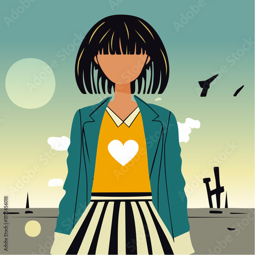 bob-cut wanderer in surreal gradient landscape with heart-emblazoned tee