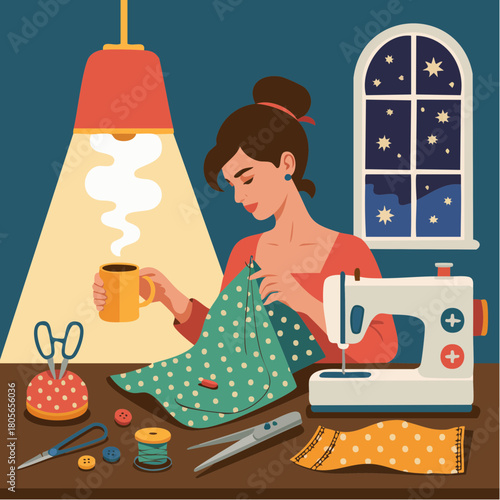 nighttime sewing nook with cup of tea and polka-dot fabric under warm lamp