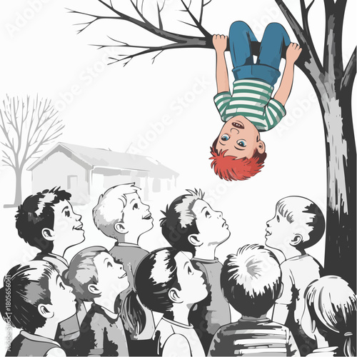 backyard tree antic with red-haired child hanging upside down and curious onlookers