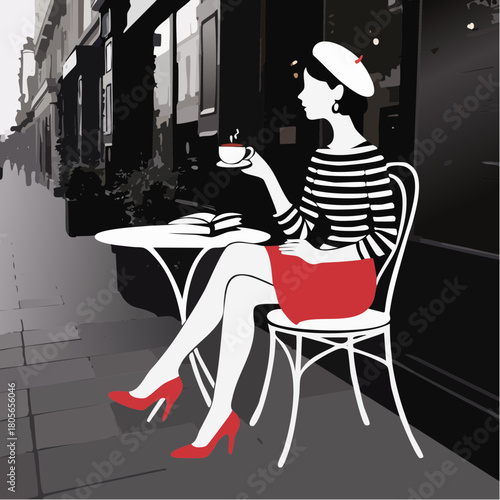 parisian sidewalk café moment in red beret striped top and books
