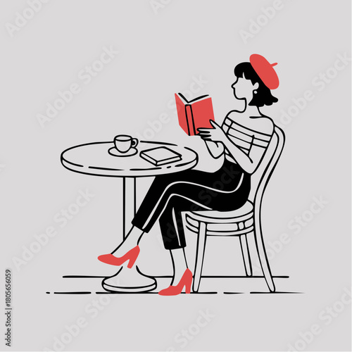striped-off-shoulder reader in red beret at minimalist café table