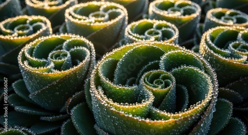 Dew-kissed succulent rosettes glistening in the early morning sunlight a botanical symphony