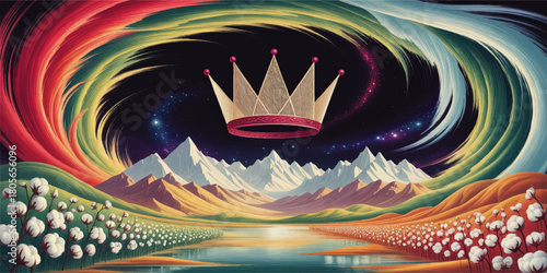 Surreal fantasy landscape with floating crown, colorful aurora sky, snowy mountains, cotton fields and reflective river illustration