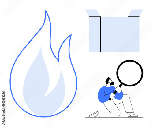 Large flame outline, open package, and person with magnifying glass inspecting details. Ideal for analysis, inspection, fire safety, discovery, delivery curiosity investigation. Simple flat