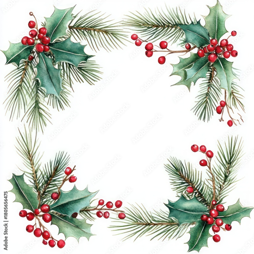 Fototapeta premium watercolor holly and pine corner frame with green leaves, pine needles and clusters of red berries creating a festive warm and cheerful winter greeting border