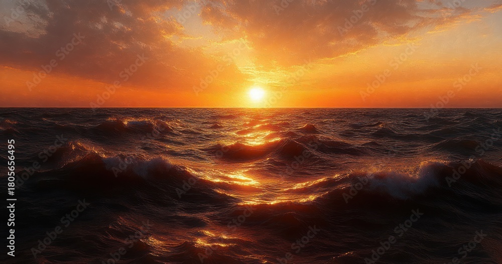 Obraz premium Golden sunset over rolling ocean waves with glowing reflections and a dramatic warm sky, peaceful and awe-inspiring seascape