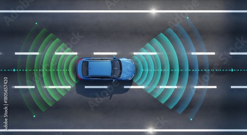 Autonomous car driving with advanced driver assistance system adas technology scanning road with sensors for safety and intelligent navigation system on asphalt surface road background