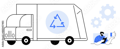 Truck with recycling symbol representing eco logistics. Worker holding tablet for data analysis. Ideal for sustainability, recycling, waste management, eco-friendly logistics, technology integration