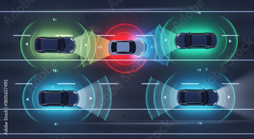 Autonomous vehicles using advanced driver assistance system with radar sensors for safety scanning road in self driving mode to avoid car accident on highway with lane assist