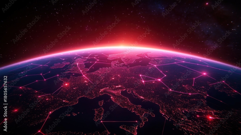 Obraz premium neon pink network and hexagonal grid overlaying europe at night on a glowing earth horizon with city lights, sunrise glow and starry space, evoking futuristic awe