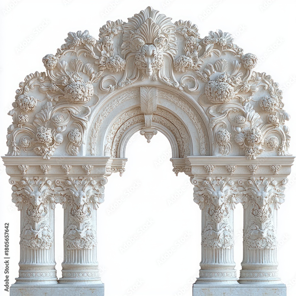 Naklejka premium ornate carved stone archway with floral garlands, sculpted faces and decorative Corinthian columns conveying grandeur and delicate elegance