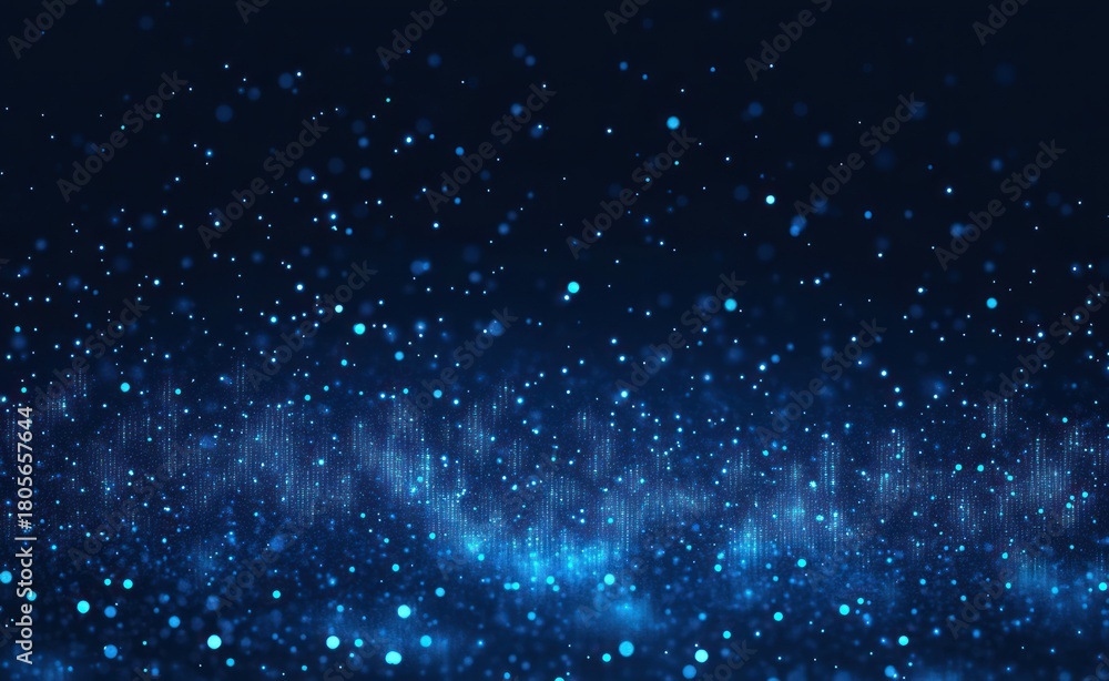 Fototapeta premium blue glowing particles and vertical light wave over a dark background, shimmering bokeh field conveying calm futuristic wonder and mystery