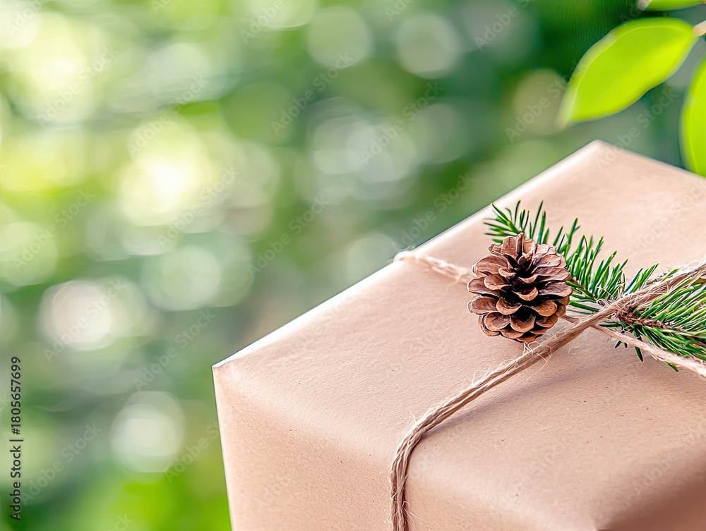 Obraz premium A simple gift wrapped in brown paper, adorned with a pine cone and evergreen sprig, set against a soft, blurred green background.