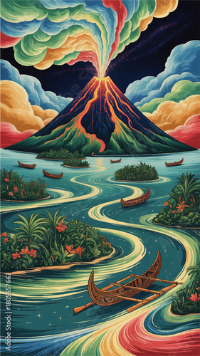 Colorful tropical volcano eruption with glowing river, wooden canoes and lush islands under starry night sky illustration