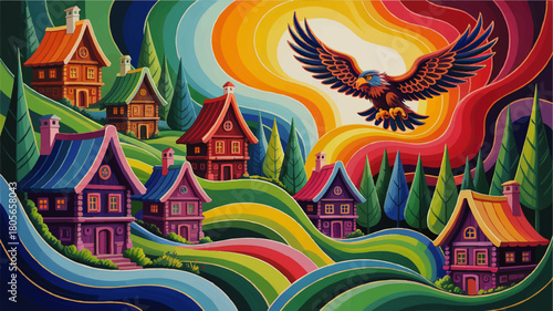 Colorful fantasy village landscape with flying eagle, vibrant rainbow hills, pine forest and whimsical fairytale cottages at sunrise