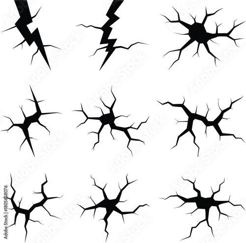 Collection of nine black cracks, symbolizing damage, fracture, or geological fault lines, perfect for graphic design projects