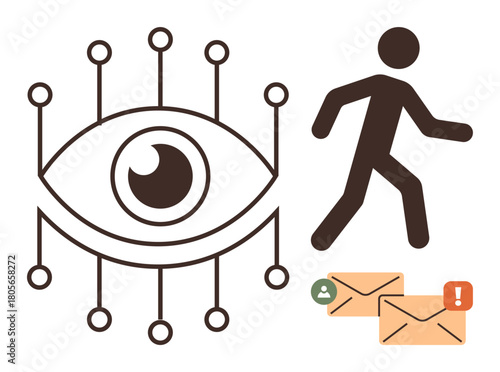 Eye with connected nodes, walking figure, and email envelopes to convey data monitoring, movement, and communication. Ideal for tech, privacy, surveillance, notifications digital communication