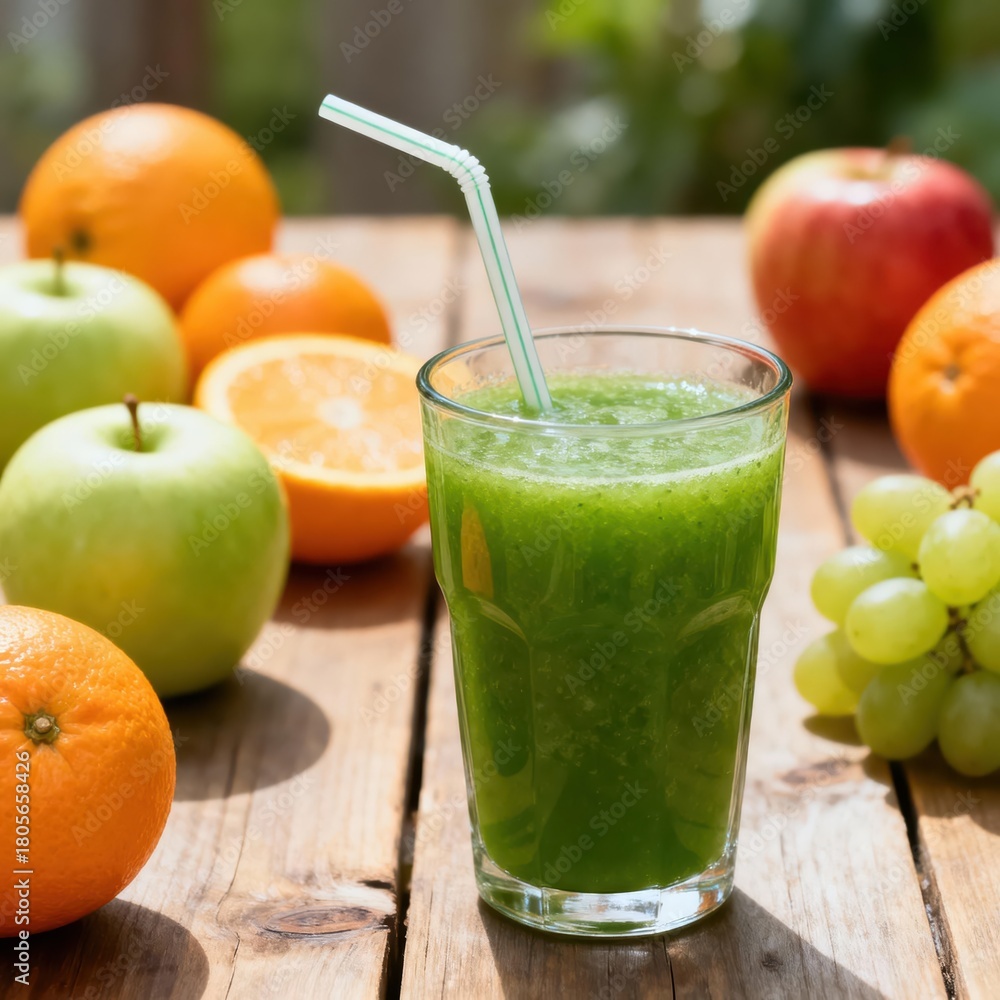 Fototapeta premium Chilled green beverage prepared with fresh whole fruits sits ready on a rustic outdoor table