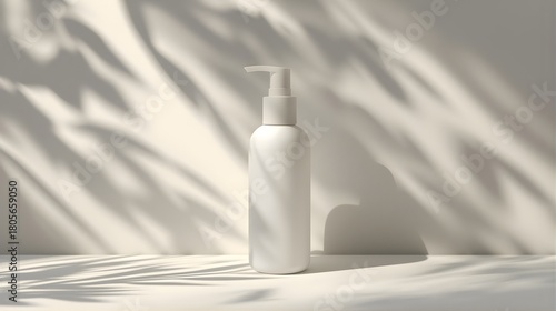 White Plastic Bottle with Pump Dispenser for Cosmetic Liquid Soap Lotion Shampoo Gel on Neutral Background with Leaf Shadows for Product Presentation and Branding Minimalist Style Mock Up