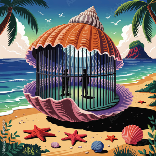 Surreal tropical beach illustration of people trapped in giant seashell cage, conceptual freedom and confinement art background