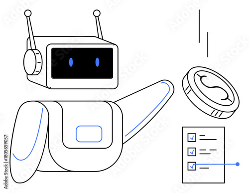 Robot processing checklist and engaging with digital coin, highlighting technology, finance, productivity, and automation. Ideal for AI, fintech, business, operation workflow task management