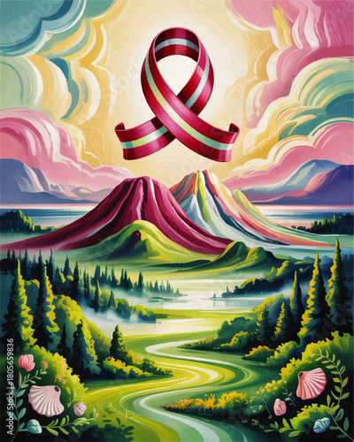 Colorful awareness ribbon over surreal mountains and river valley, inspirational landscape illustration for hope and support campaigns