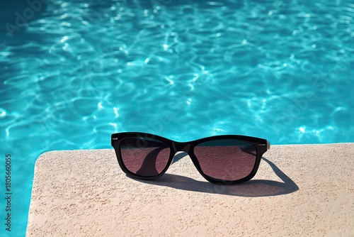 Wallpaper Mural black sunglasses resting on a pale pool edge beside shimmering turquoise water, sunlit relaxation and calm summer leisure mood Torontodigital.ca