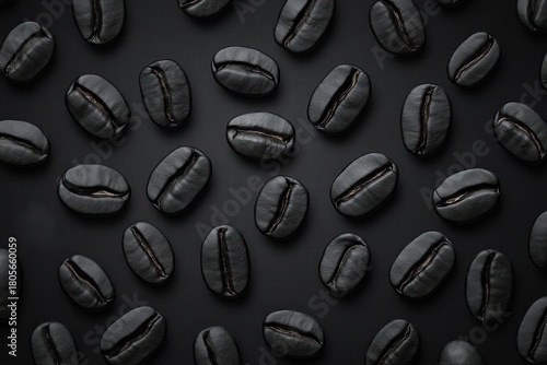 Wallpaper Mural close-up of scattered glossy dark roasted coffee beans on matte black background, moody and luxurious Torontodigital.ca