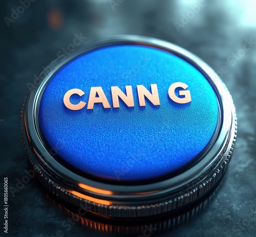 Wallpaper Mural close-up of a round blue metallic button with raised letters reading CANN G, chrome rim, textured surface and warm reflections conveying a sleek futuristic feel Torontodigital.ca