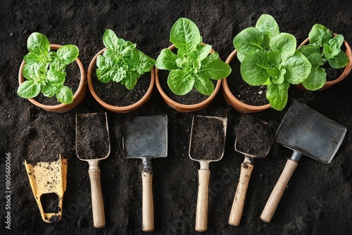 Wallpaper Mural Five terracotta pots of young green seedlings arranged above a row of garden trowels on dark potting soil, conveying fresh nurturing and organized gardening Torontodigital.ca