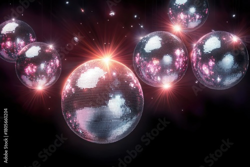 Wallpaper Mural Shimmering mirrored disco balls with pink reflections and bright starburst lights against a dark background creating a glamorous, festive, dreamy atmosphere Torontodigital.ca