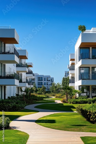 Wallpaper Mural modern white apartment buildings with balconies flanking a winding wooden path through landscaped green lawns under a clear blue sky, peaceful and inviting atmosphere Torontodigital.ca