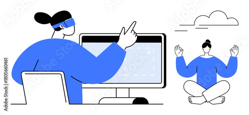 Person wearing VR headset working on desktop computer alongside serene meditation pose under open sky. Ideal for technology, mindfulness, work-life balance, virtual reality, wellness, productivity