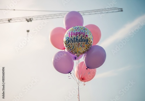 Happy Birthday Balloons Floating Against a Bright Sky with a Crane in the Background.