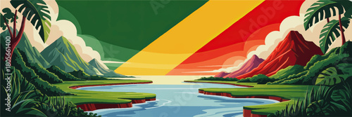 Tropical river valley landscape with colorful mountains, lush jungle foliage and abstract sunbeams, panoramic vector illustration