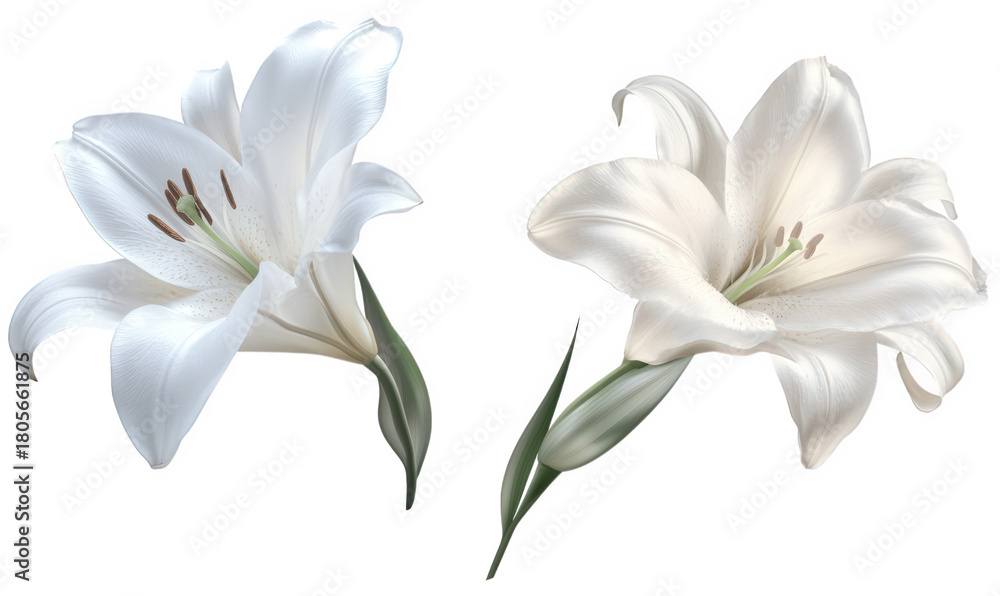 Fototapeta premium Elegant white lily flowers, isolated on transparent background, showcase graceful petals and verdant leaves, symbolizing purity, beauty, and sophistication in botanical artistry