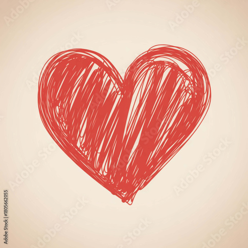 Love's Sketch: A hand-drawn, vibrant red heart, radiating affection and warmth, set against a subtle, textured backdrop, embodies love's core.