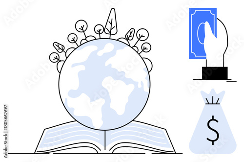 Planet Earth with trees atop an open book alongside money bag and hand holding currency, symbolizing environmental conservation, finance, education, renewable energy, and investments. Ideal