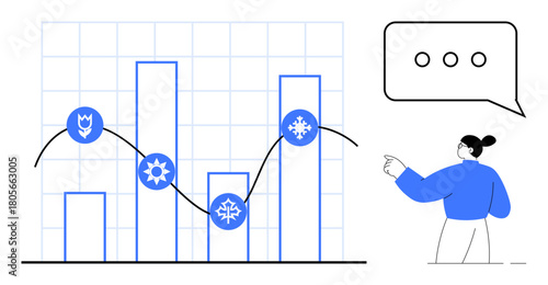 Bar chart with seasonal icons, connecting line graph, woman pointing at analysis, speech bubble. Ideal for data visualization, business growth, seasons, trends, communication analytics simple flat