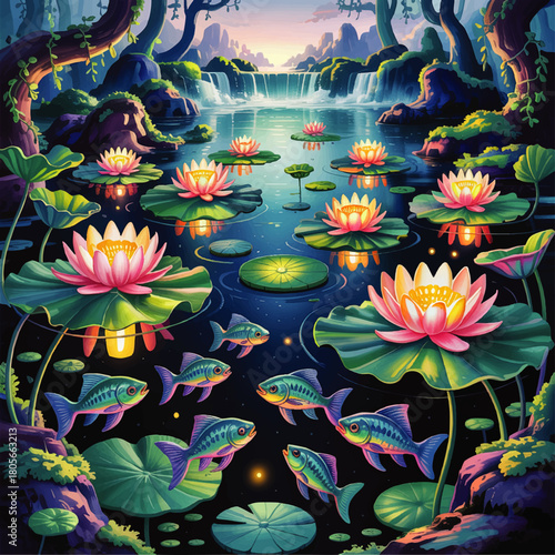 Enchanted lotus pond at dusk with glowing water lilies, colorful fish, and serene waterfall in vibrant fantasy nature illustration