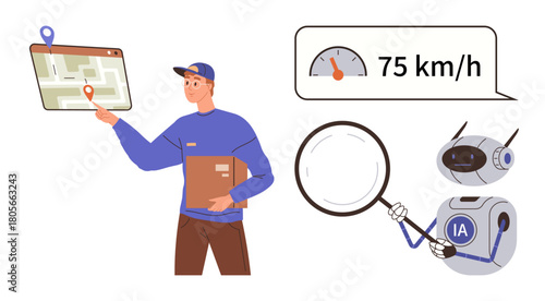 Worker holds package, uses digital map with pin, AI robot holds magnifying glass and monitors speed data. Ideal for logistics, AI technology, delivery efficiency, smart systems, automation