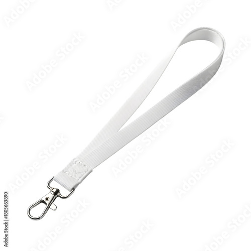 White Lanyard Strap with Metal Clasp and Ring on Black Background Keywords: lanyard, strap, white, fabric, textile, accessory, neck strap, id holder isolated on a transparent background
