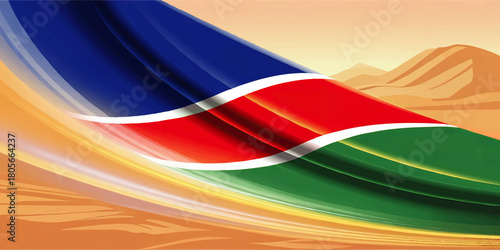 Abstract Namibia flag wave over desert dunes, colorful patriotic African background illustration for travel, independence and national pride designs
