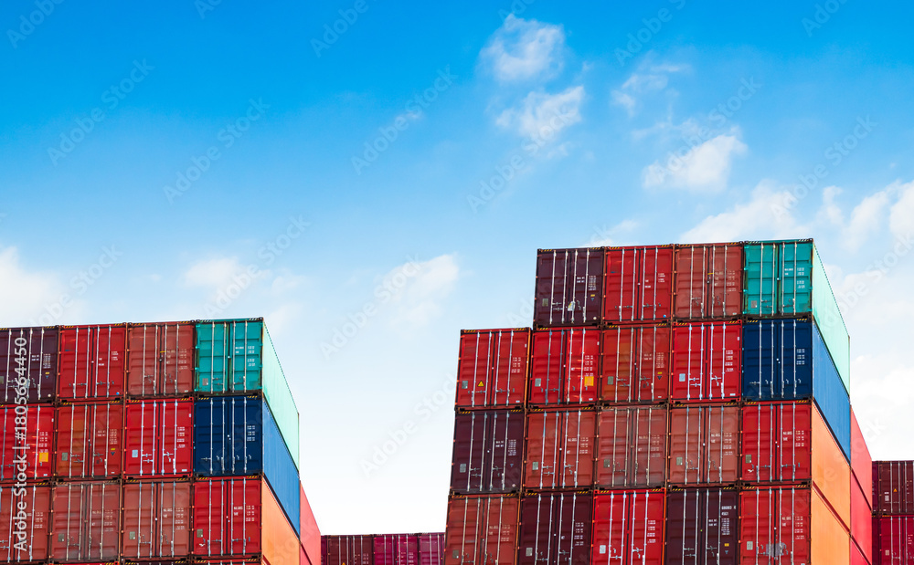 Fototapeta premium Cargo ship container goods export import international transport on blue sky background, warehouse industry business logistics transportation harbor port industrial shipping terminal cargo ship.